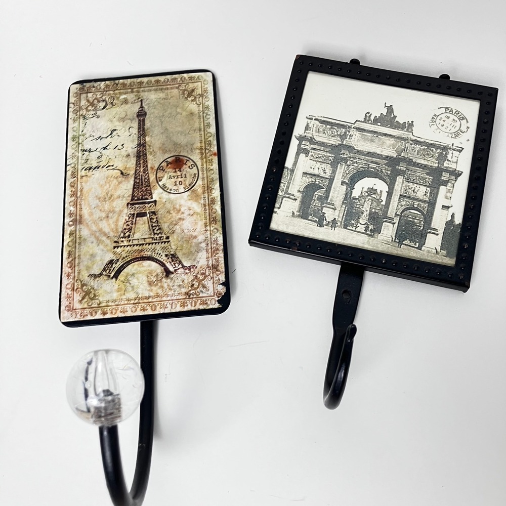 Wall Hooks Paris Eiffel Tower Arc de Triomphe Set of 2 Black Vintage Unbranded